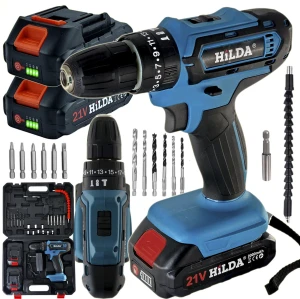 HILDA Wiertarko Wkrętarka Akumulatorowa 2 Ah 21V 2x Aku Udarowa Mocna Bity Wiertła 