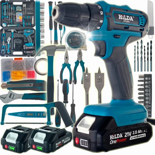 HILDA Wiertarka Wkrętarka Zakrętarka Akumulatorowa 2Ah 21V 2x Aku + Bity
