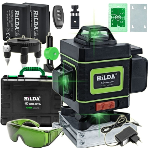 Hilda Laser Krzyżowy 4D Pro 16 Linii Samopoziomujący Poziomica 360 2 Aku