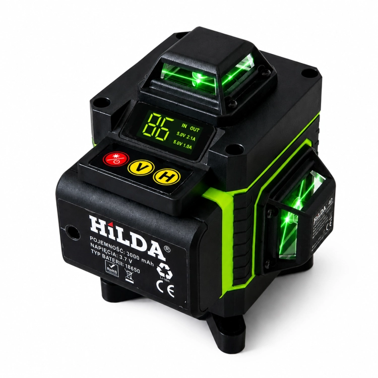Hilda Laser Krzyżowy 4D Pro 16 Linii Samopoziomujący Poziomica 360 2 Aku