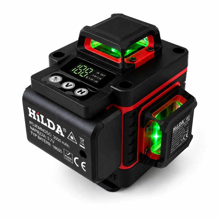 Hilda Poziomica 4D Statyw 2 Metry Laser Krzyżowy 360 2 Aku Blokada Wahadła