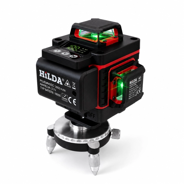 Hilda Poziomica 4D Statyw 2 Metry Laser Krzyżowy 360 2 Aku Blokada Wahadła