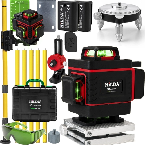4D MAX + Tyczka 4,2 m HILDA Poziomica Laserowa 360° 16 Linii Laser Krzyżowy