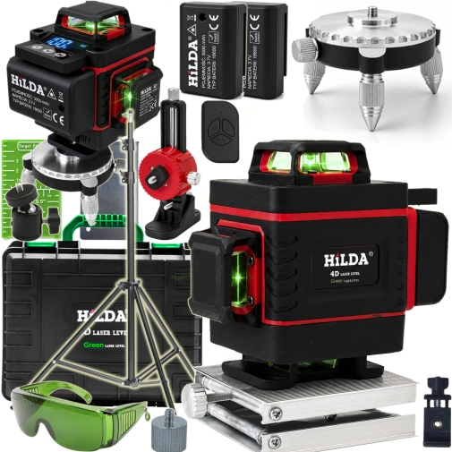 4D MAX + Statyw 2 m HILDA Poziomica Laserowa 16 Linii Laser Krzyżowy 360° 2 Akumulatory Blokada Wahadła