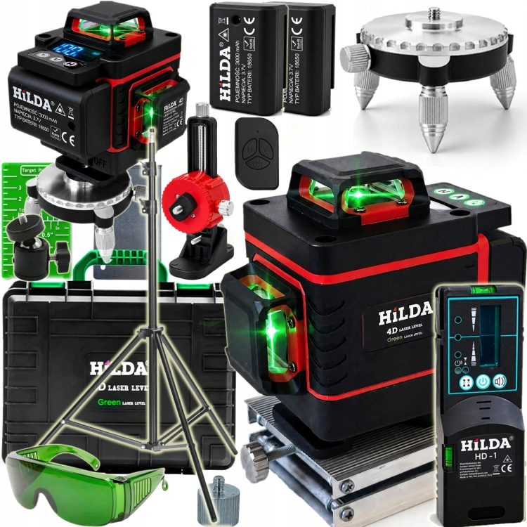 4D MAX +Odbiornik +Statyw 2 m HILDA Poziomica Laserowa 16 Linii Laser Krzyżowy 360°