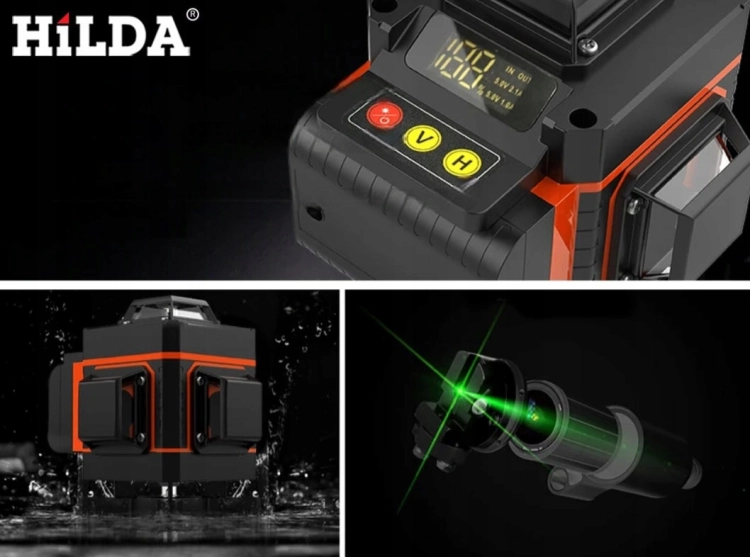4D MAX +Odbiornik +Statyw 2 m HILDA Poziomica Laserowa 16 Linii Laser Krzyżowy 360°