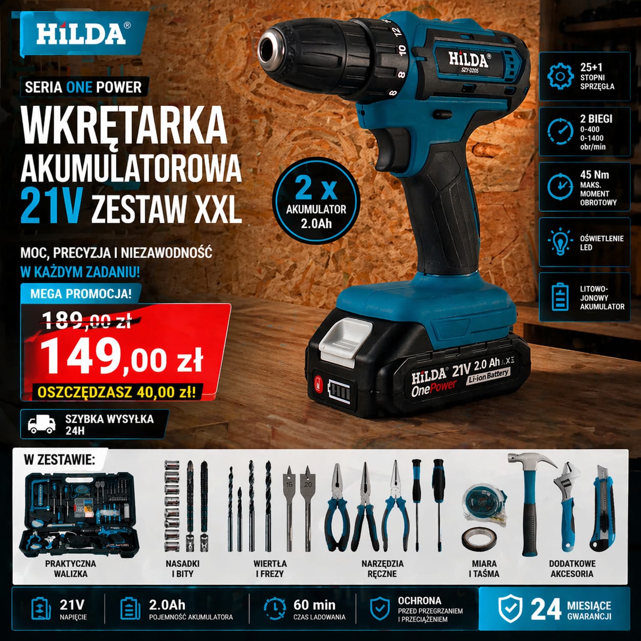 WKRĘTARKA AKUMULATOROWA WIERTARKA 2 Ah 21V 2 X AKU UDAROWA HILDA + BITY